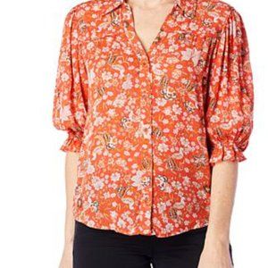 Democracy 3/4-Sleeve Printed Button-Down Top (Red Floral)